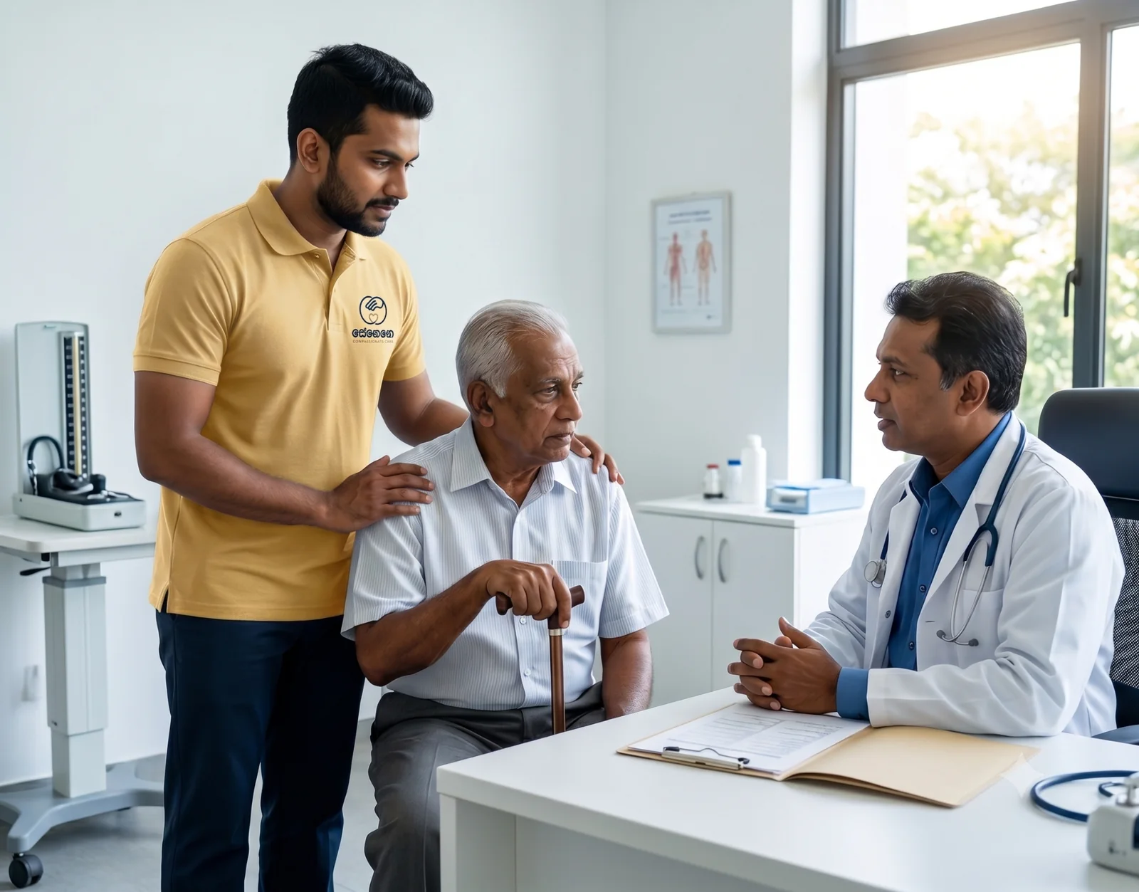 A සෙනෙහෙ companion accompanying an older man during a medical appointment