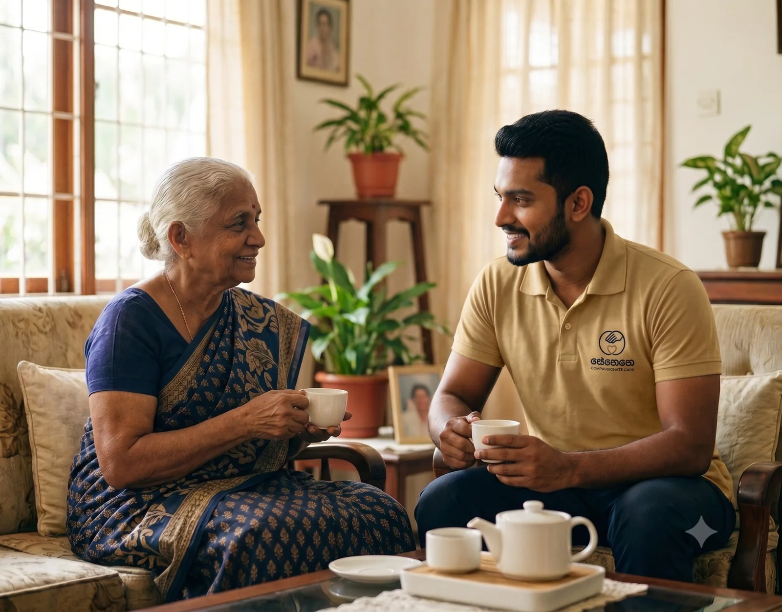 A සෙනෙහෙ companion sharing tea and conversation with an older woman at home
