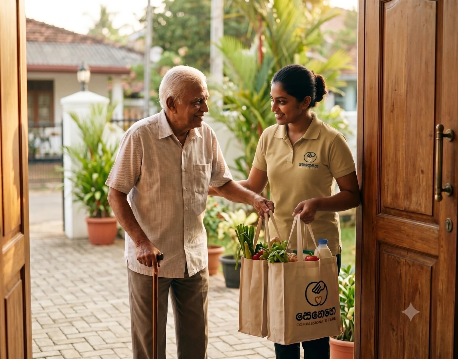 A සෙනෙහෙ companion helping an older man with groceries at his home