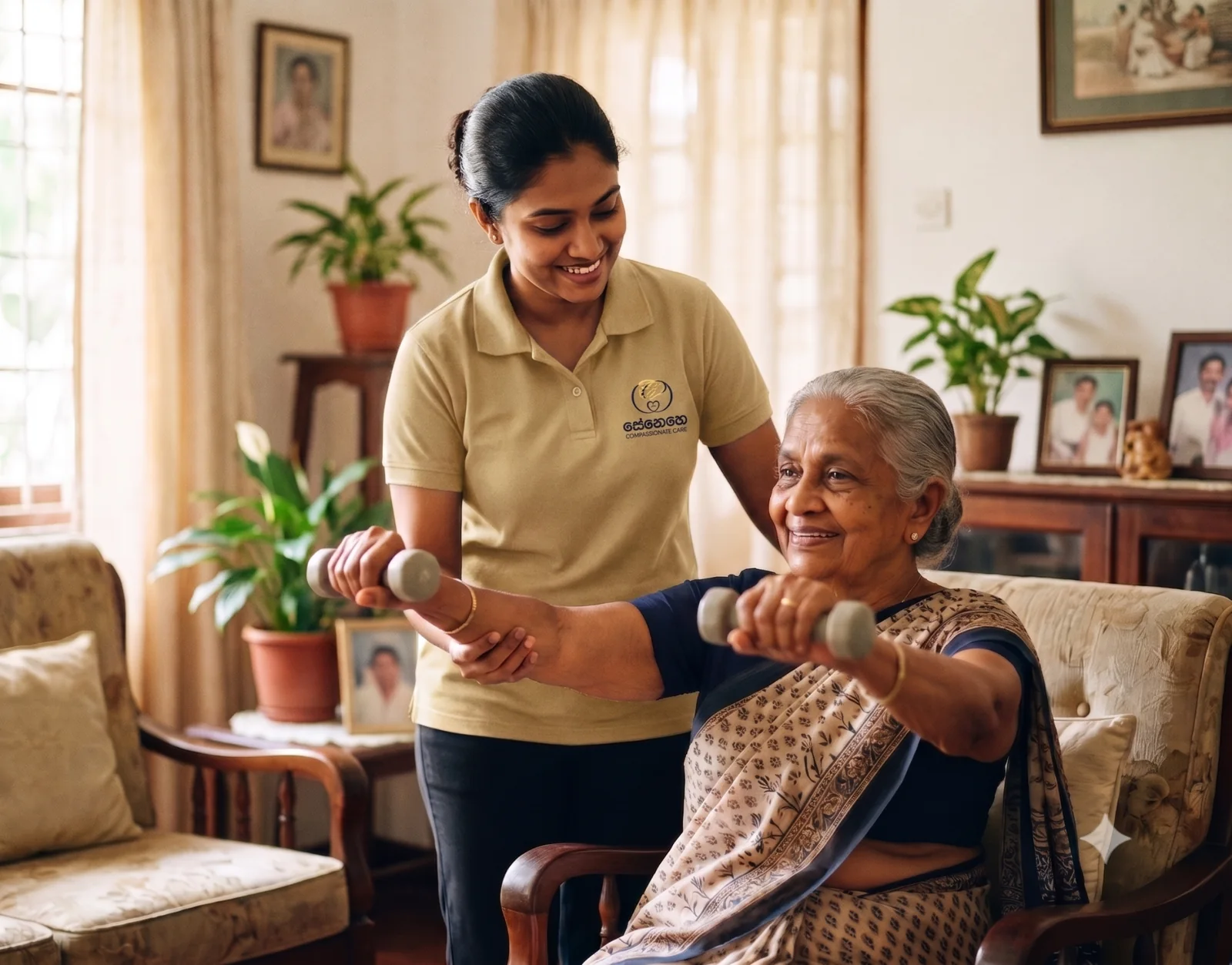 A සෙනෙහෙ companion helping an older woman perform gentle exercises at home